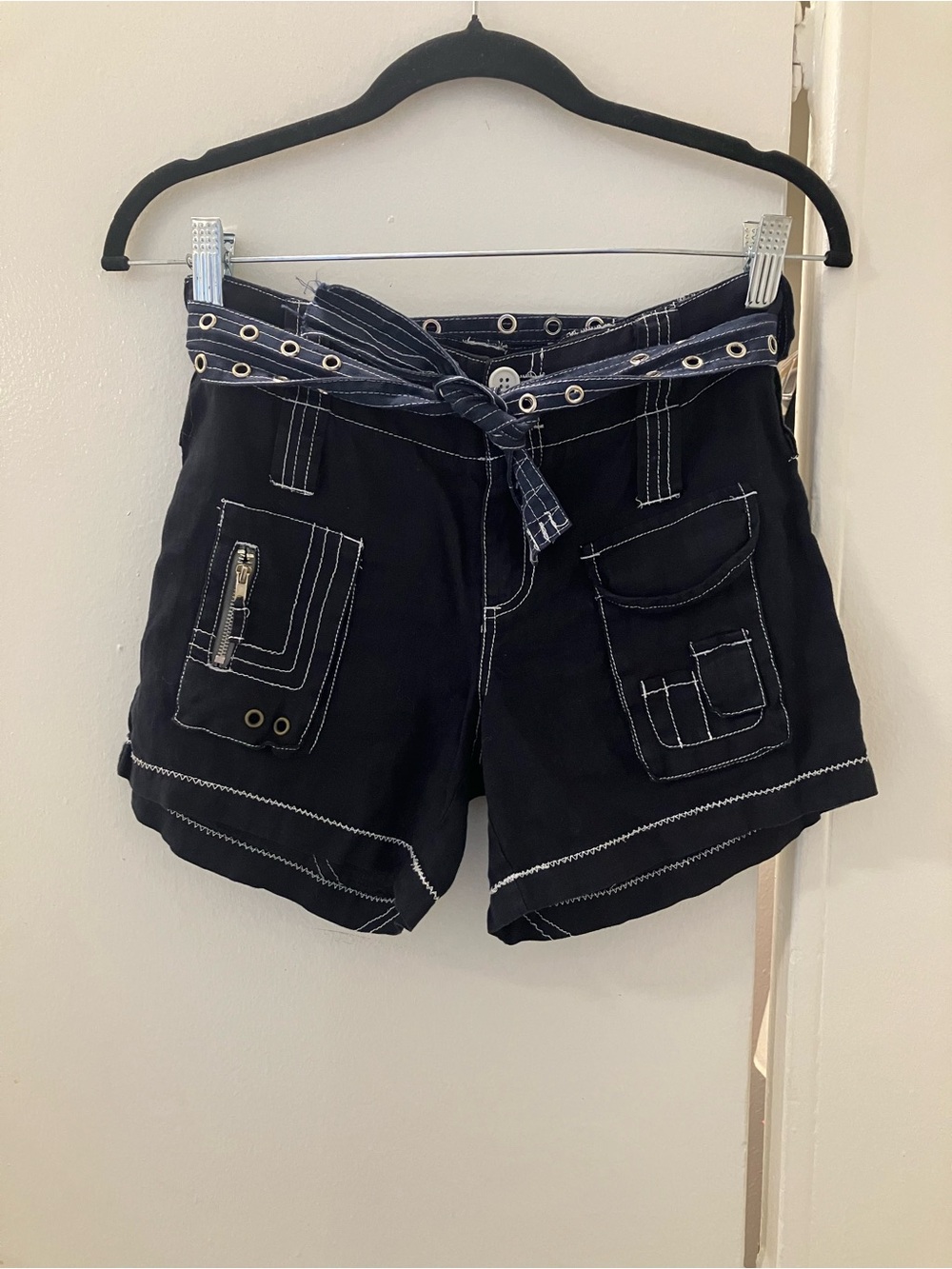 Pete & Greta By Johnny Was Black Linen Y2K Cargo Shorts Sz 0.